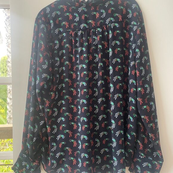 Loft‎ Navy Peacock Print Blouse, Long-Sleeve, Button-down, Large, 453560 - Picture 2 of 8